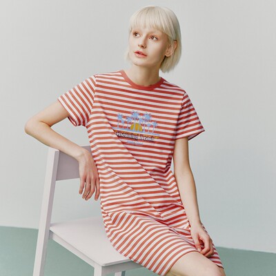 三枪纯棉睡裙家居裙圆领条纹短袖
