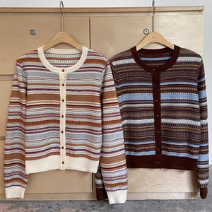 秋季2024新款女装撞色条纹毛衣针织开衫外套女外搭高级感春秋上衣