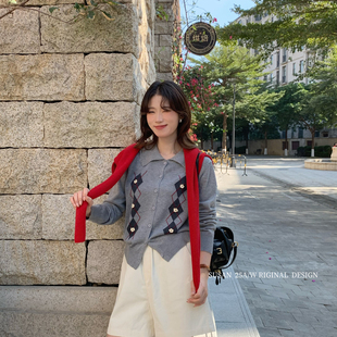 SUSAN 2526s 韩系学院风减龄立体花朵菱格针织开衫