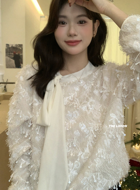 柠檬绿茶-法式重工亮片流苏蕾丝小衫TM-1308