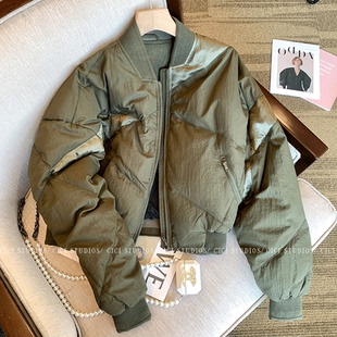 复古军绿色立领夹棉棒球服棉服女冬2024新款休闲宽松显瘦夹克外套