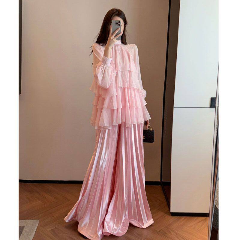 新款气质粉色超仙气灯笼袖雪纺衬衫高腰显瘦阔腿裤长裤两件套装女