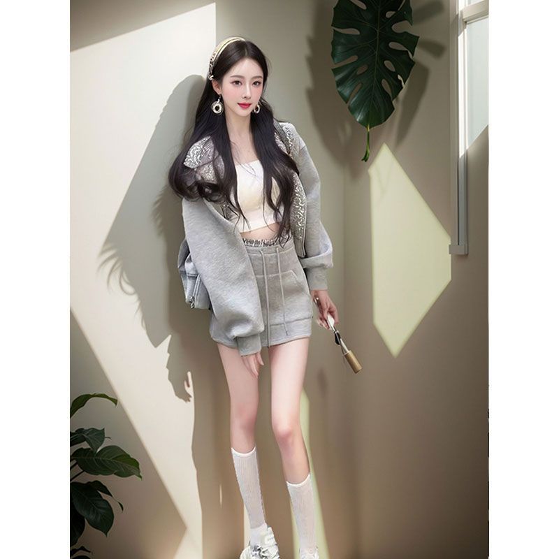 灰色小众设计感亮片连帽