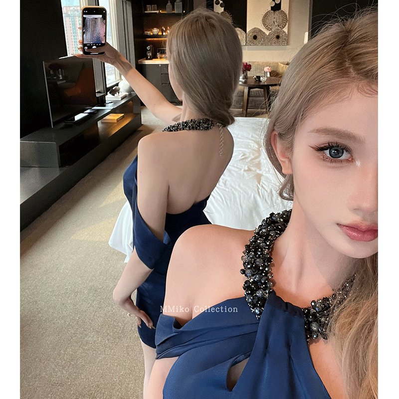 宝蓝色镶钻无袖露肩挂脖连衣裙女轻奢高端精致气质名媛露背小礼服