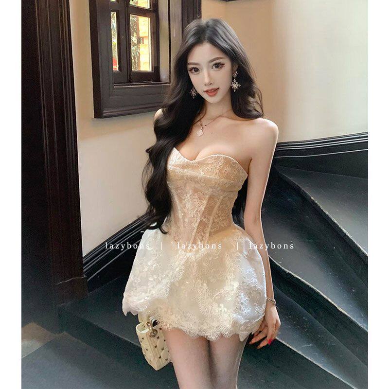 抹胸连衣裙女订婚生日小礼服重工蕾丝绣花鱼骨收腰花苞短裙公主裙