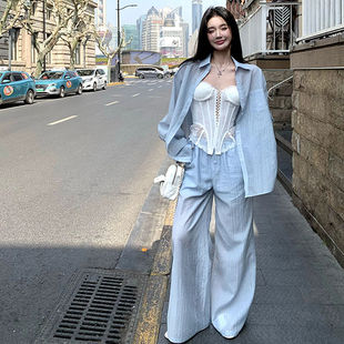 Barb Chill出游休闲衬衫套装夏日度假穿搭宽松慵懒条纹阔腿裤