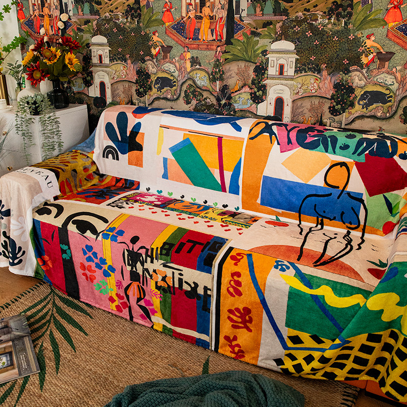 艺术插画沙发全i盖毯加绒盖巾防尘坐垫个性抽象沙发巾盖腿午休毛