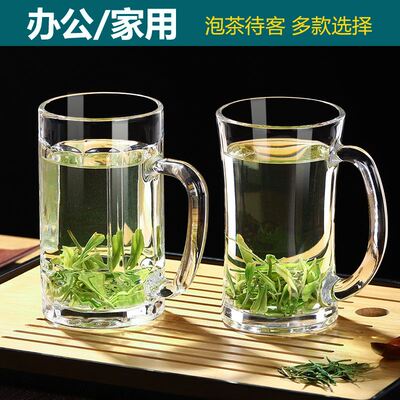 茶楼专用茶杯带把耐高温玻璃杯家用待客大容量带Q盖子绿茶喝水杯