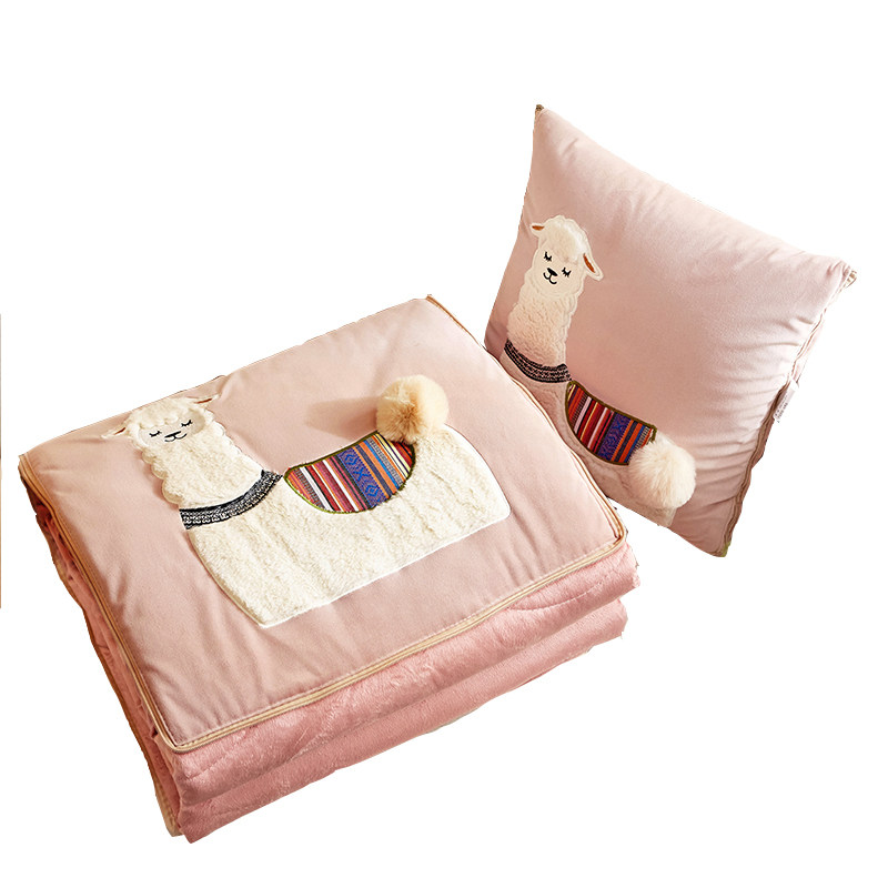 卡通羊驼水晶绒抱枕被子两用加厚车上珊瑚绒N靠背办公室午休小被