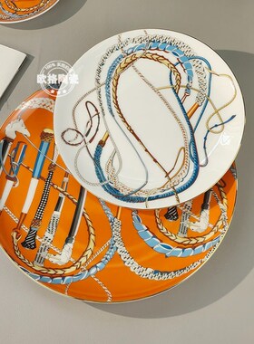 欧式轻奢西餐盘h子高级感白橙色权杖牛排盘点心盘家用骨瓷咖啡杯