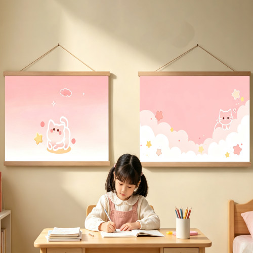 ins简笔粉色猫咪卷轴挂画电表箱遮挡儿童房书桌客厅卧室墙面装扮