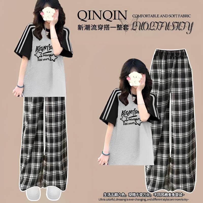 thumbnail for 女大童夏装女套装13学院风14少女孩15时尚宽松短袖t恤长裤两件套