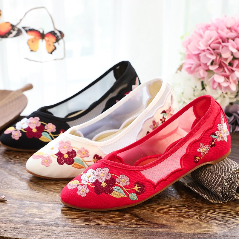 网纱绣花鞋汉服鞋古装q花朵刺绣牛筋底夏季新品软底布鞋单鞋凉鞋