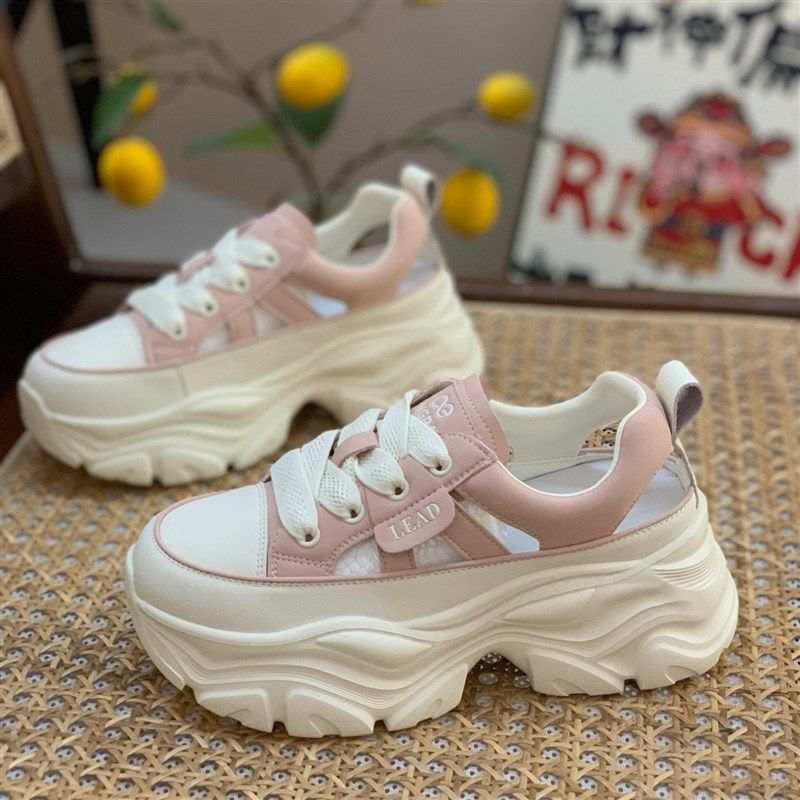 爆款真皮老爹鞋女款2025夏季新款小个子镂空透气炸街休闲运动凉鞋