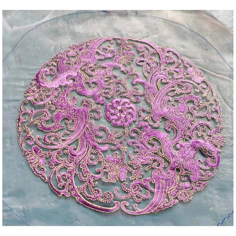 紫色透明欧纱刺绣网纱贵妃团花机绣绣片服装补子