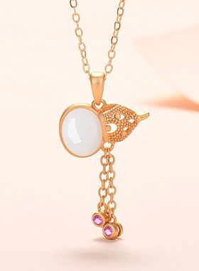 古法金项链女复古宫廷葫芦白玉吊坠锆石流苏镂空镶嵌饰品工厂