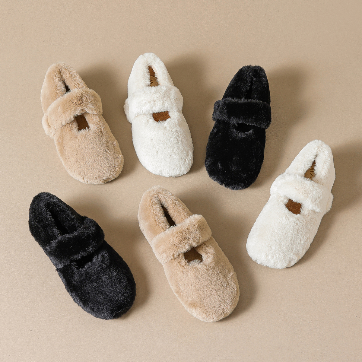 棉拖鞋外穿毛毛鞋女平底圆头玛丽珍鞋冬季加绒一字带单鞋女大码