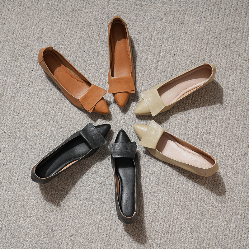 尖头蝴蝶结职场浅口单鞋高跟软底真皮工作方根上班通勤优雅不费力