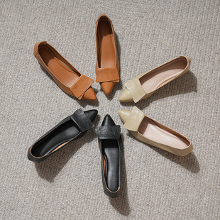 尖头蝴蝶结职场浅口单鞋高跟软底真皮工作方根上班通勤优雅不费力