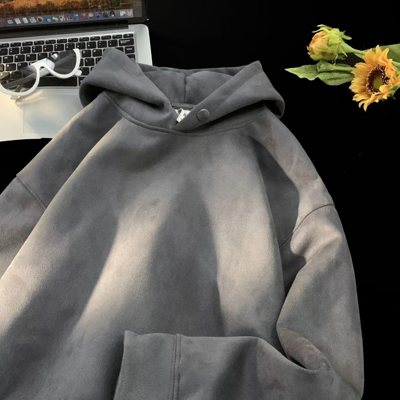 纯色重磅麂皮绒卫衣男春秋连帽美式oversize潮牌宽松运动长袖