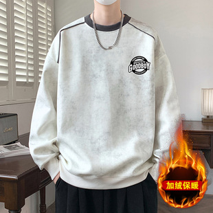 加绒加厚卫衣男款冬季青少年初中生长袖t恤高中生保暖上衣打底衫