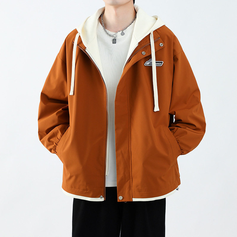 青少年假两件男生冲锋款衣服春秋款潮牌学生卫衣港风夹克外套男装