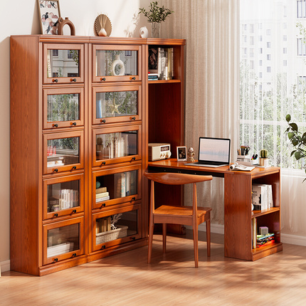 定制新款折叠书桌书柜一体美式客厅转角组合书架实木家用伸缩电脑