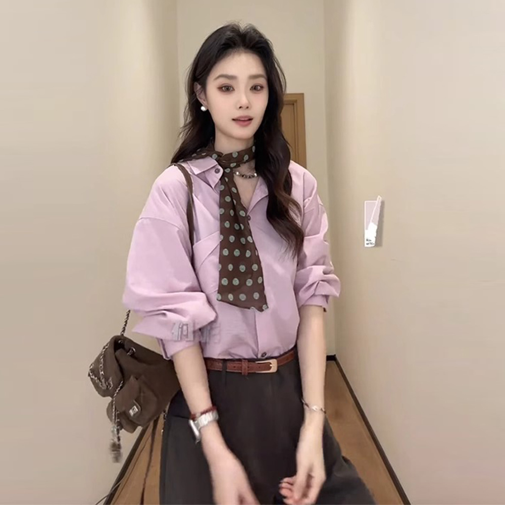 紫色宽松长袖衬衫衬衣女2025新款夏季轻奢高级感法式时尚洋气上衣