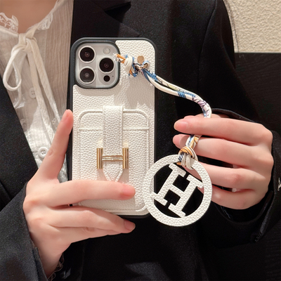 新款17潮牌H标插卡袋吊坠适用苹果16promax手机壳iPhone15女14pro皮质13全包12防摔11软保护套小众时尚名媛风