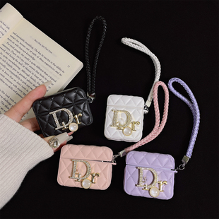 pro二代AirPods 挂绳防摔奢华 新款 4代皮质女款 潮牌菱格小香风D家闪钻适用苹果蓝牙无线耳机套AirPods