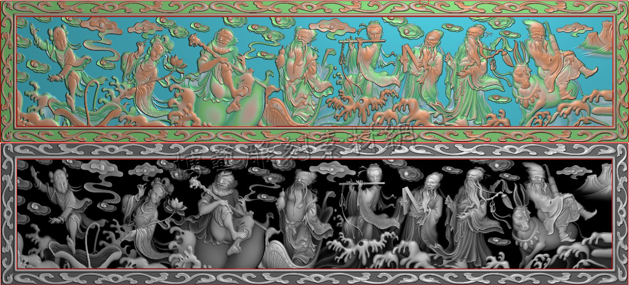 精雕图八仙过海横板 精雕图八仙挂屏jdp灰度图八仙bmp电脑雕刻图