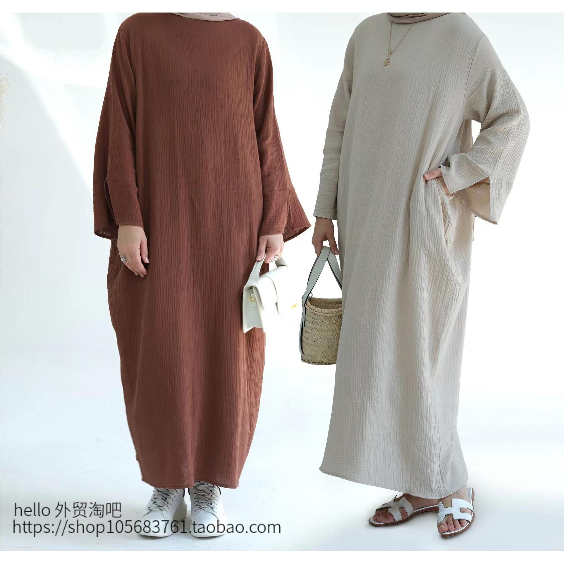 中东迪拜新款宽松圆领纯色连衣裙Solid color loose fitting dres