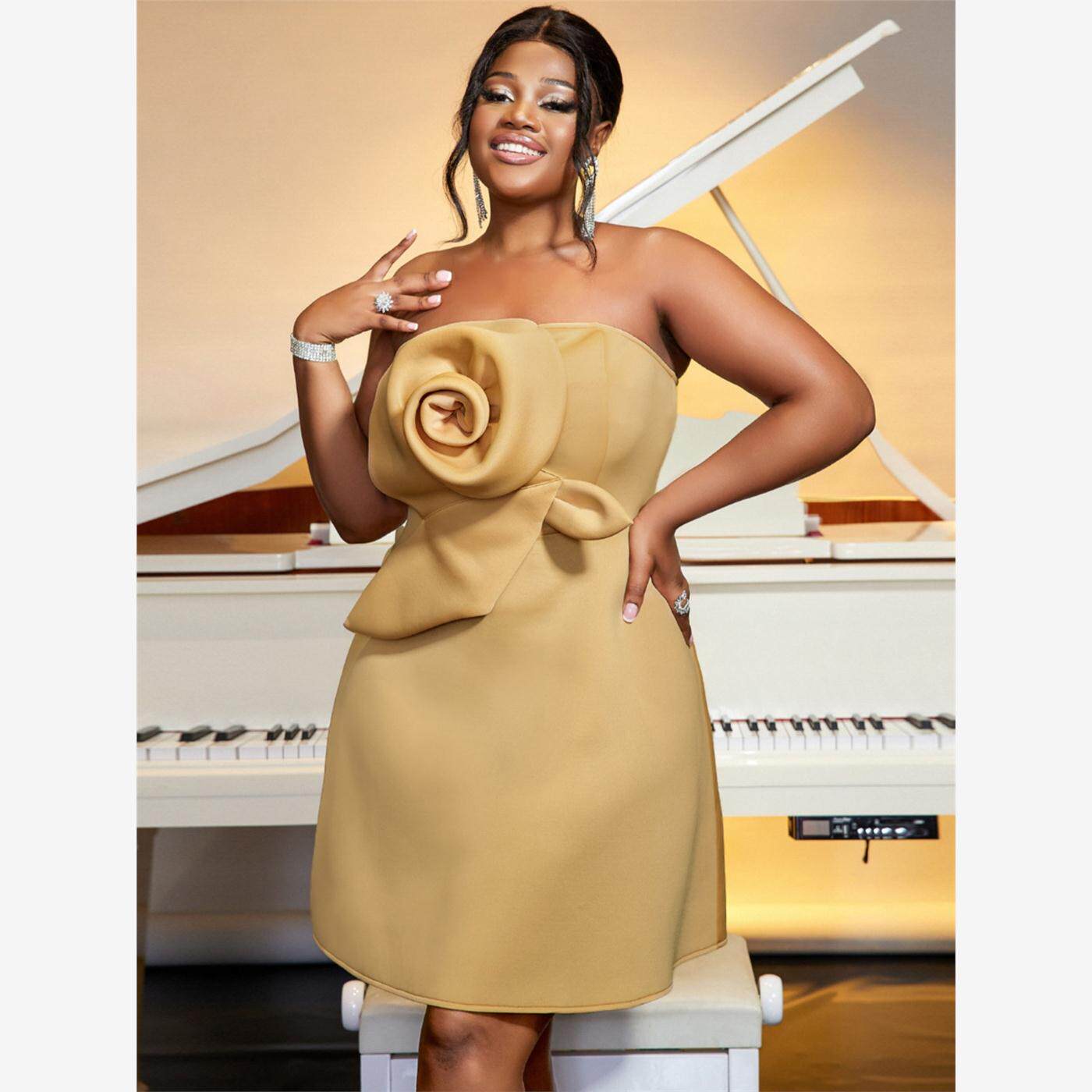 欧美大码抹胸立体花朵派对连衣裙 Plus Size Evening Party Dress