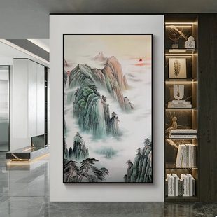 玄关装饰画泰山日出手绘油画靠山风景新中式客厅走廊办公室挂画