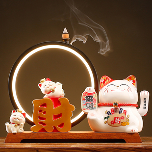 摇手招财猫灯圈桌面摆件创意家居客厅店铺收银台装 中式 饰摆设礼品