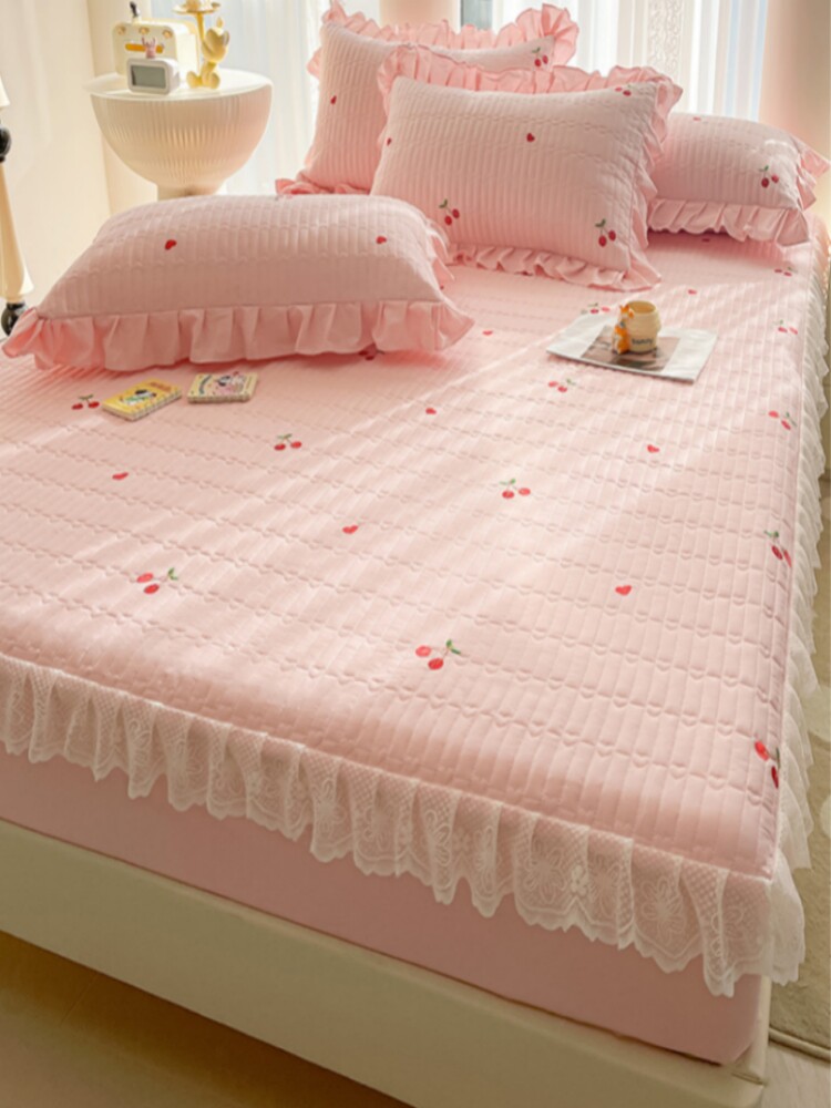 少女心绣花花边全棉夹棉床笠单件床罩防尘罩全包席梦思床垫保护套