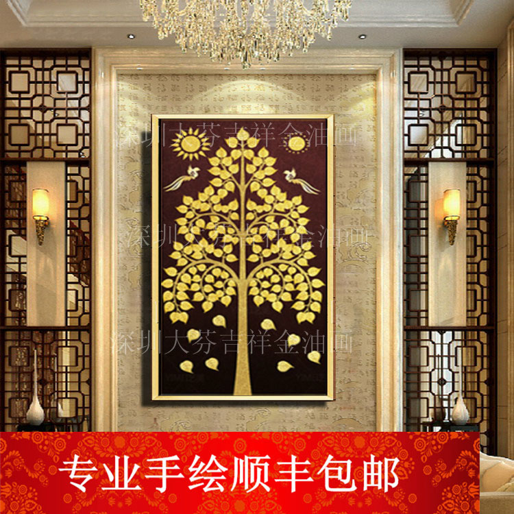 手绘东南亚泰式风格装饰画酒店会所玄关壁画金色吉祥菩提树挂画图片