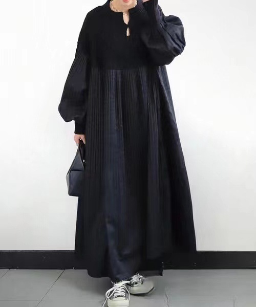 2023日系纯色新款压褶 菱形格毛衣拼接长款连衣裙 Long dress