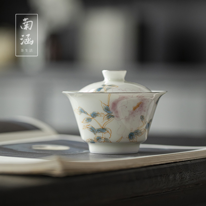 南涵手绘釉下彩玉瓷盖碗