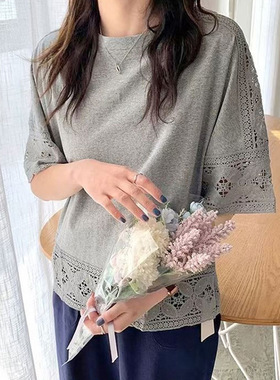 欧美夏季跨境圆领白色镂空蕾丝拼接五分袖百搭T恤衬衫上衣女shirt
