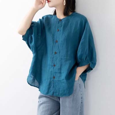 大码棉麻中袖衬衫女夏季宽松亚麻衬衣t恤原创设计感娃娃领洋气