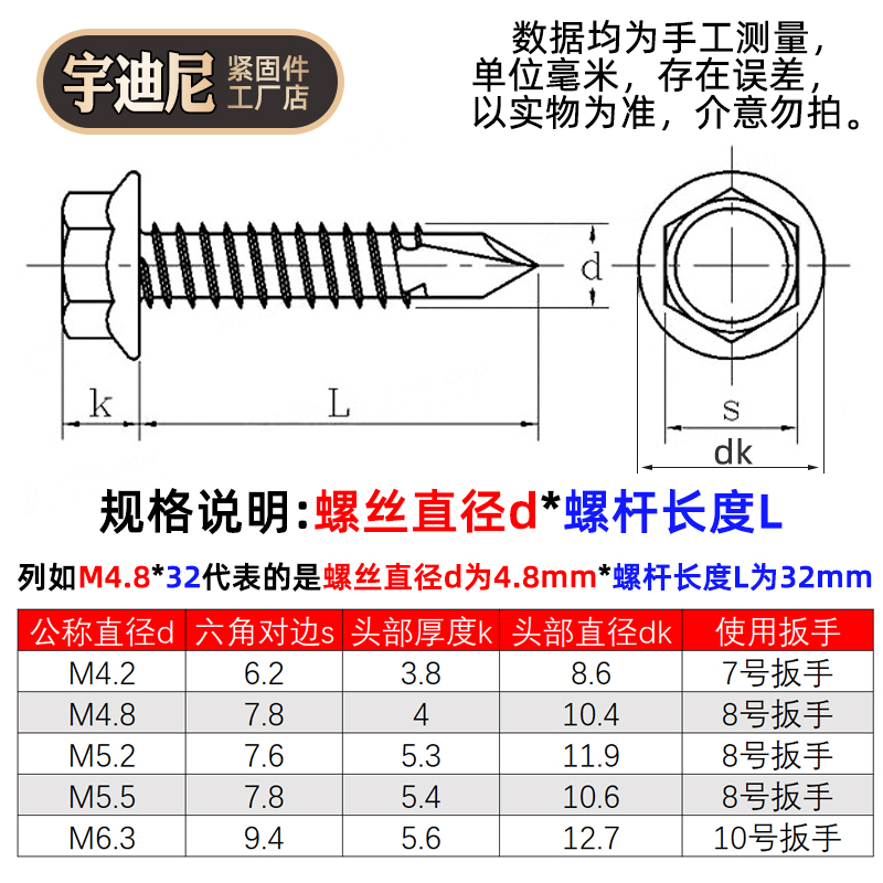 不锈钢外六角钻尾螺丝彩
