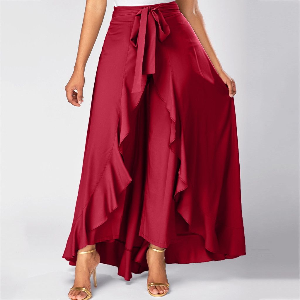 Irregular Chiffon Ruffle Tie Long Pants不规则雪纺荷叶边长裤