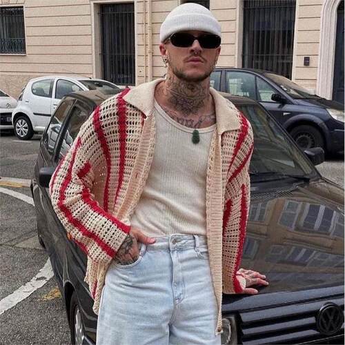Men's knitted cardigan拼接撞色针织开衫男式外套百搭针织衫男