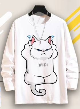 卡通猫咪狗狗T恤长袖休闲衣服圆领流行ins男女春秋季薄款打底衫潮