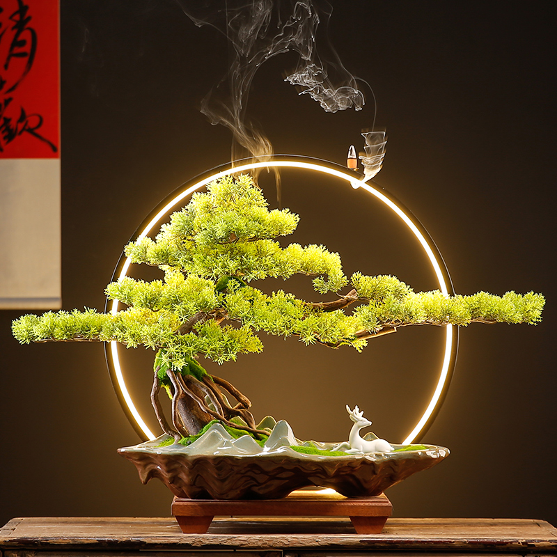 创意陶瓷仿真绿植盆栽迎客松桌面摆件新中式禅意崖柏家居玄关装饰