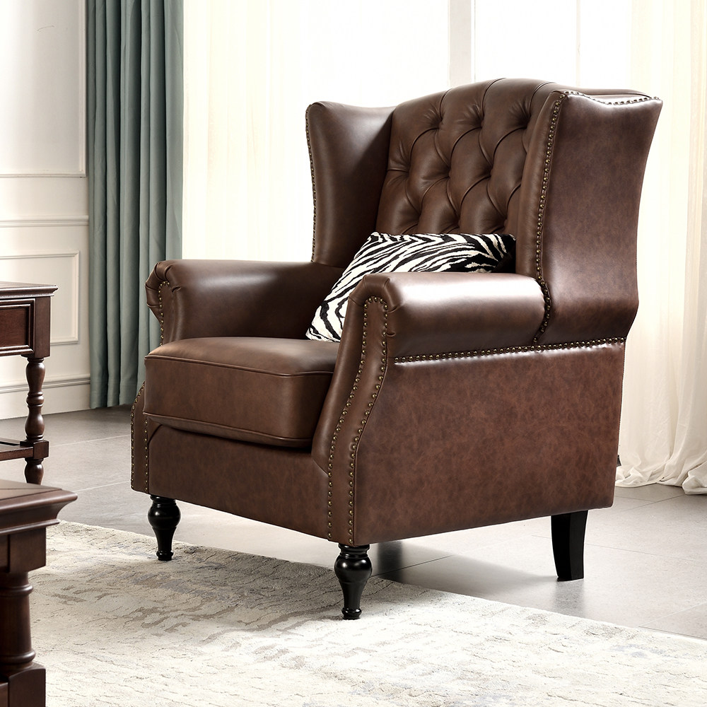 美式老虎椅单人沙发真皮头层牛皮复古客厅休闲椅子卧室高背老虎凳