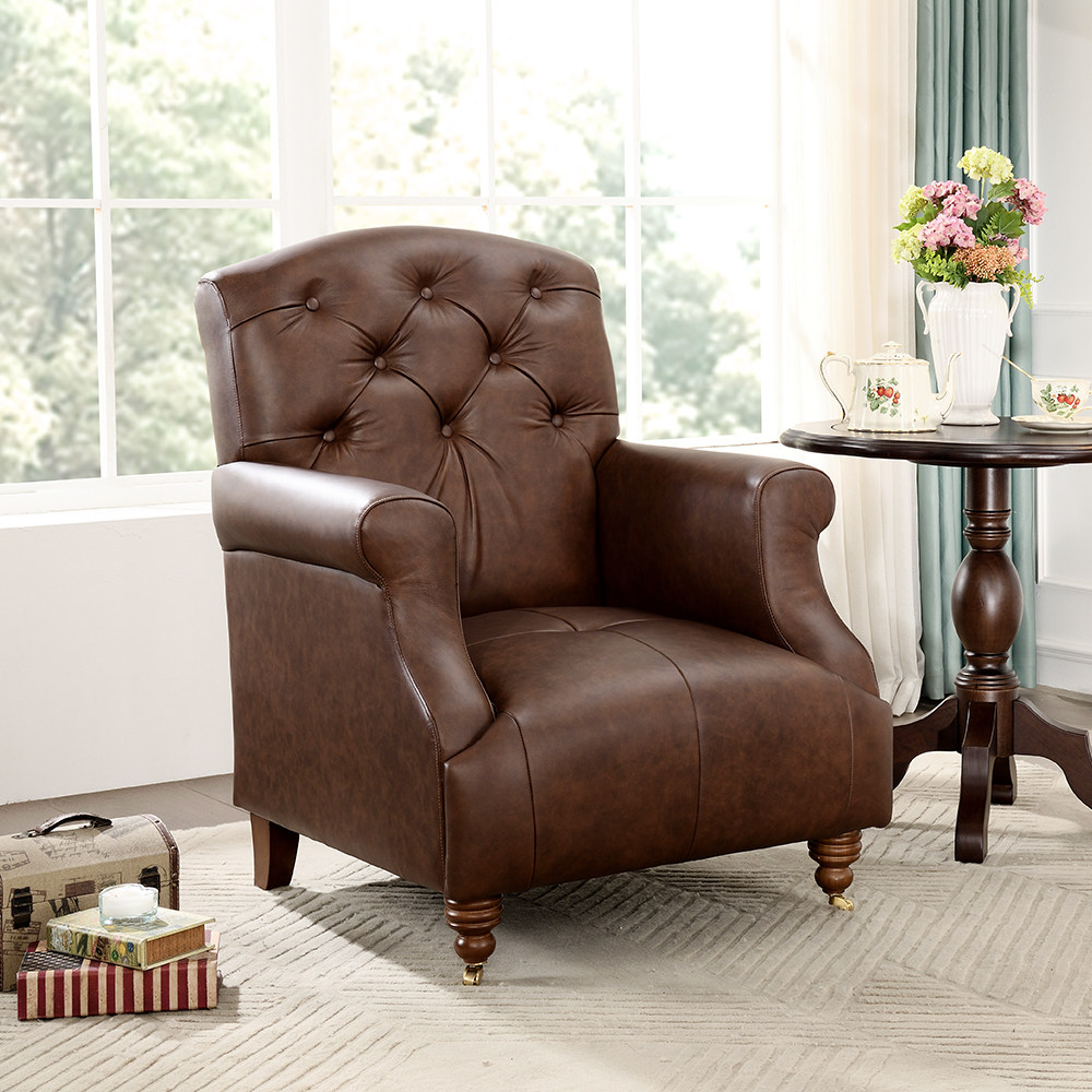 美式老虎椅单人沙发棕色真皮头层牛皮复古客厅休闲椅卧室老虎凳