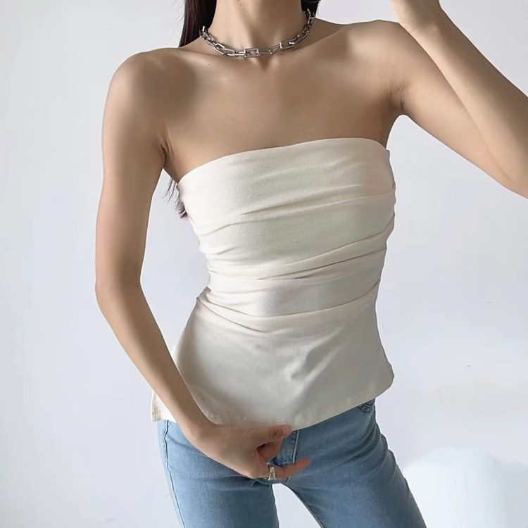性感褶皱侧开叉一字领抹胸上衣女夏季修身显瘦露背无袖裹胸打底衫