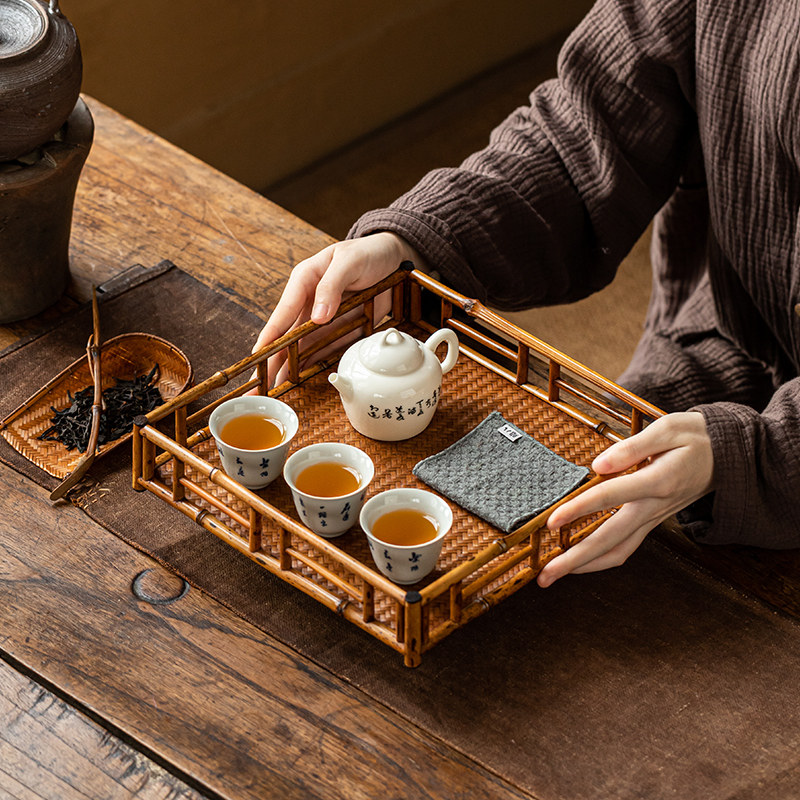中式梅鹿竹茶具收纳盘复古竹茶盘干泡盘长方形茶托茶杯架大号茶台